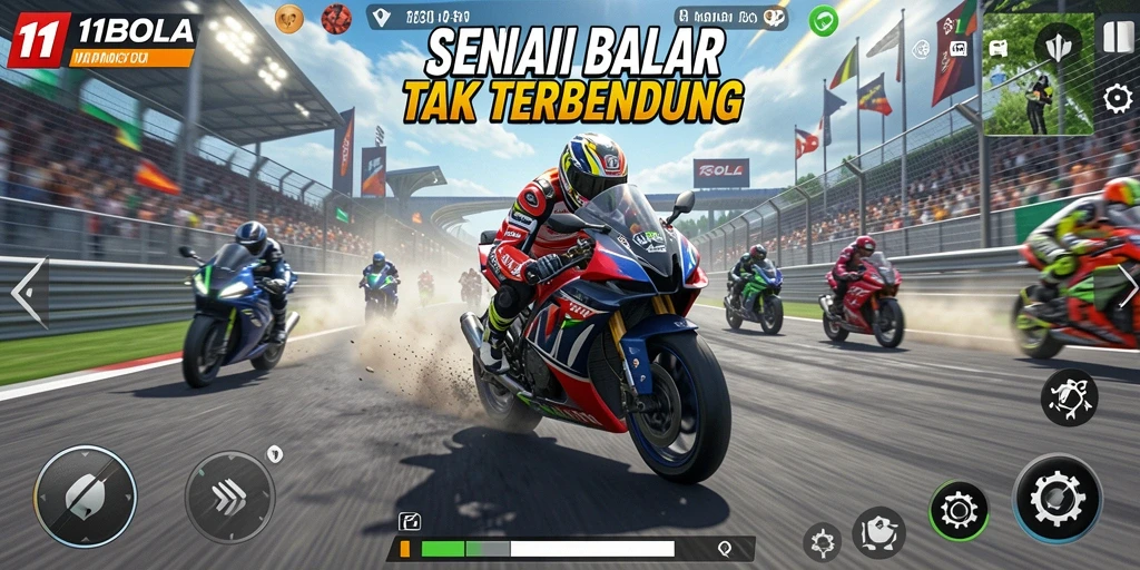 Gameplay seru 11BOLA dengan balapan motor yang menantang.