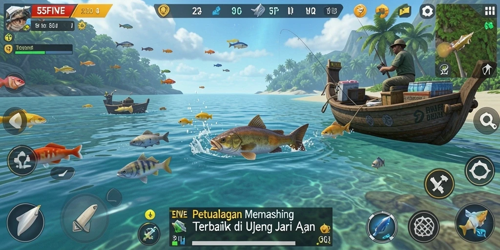 Screenshot gameplay 55FIVE yang menampilkan aksi memancing yang mendebarkan.