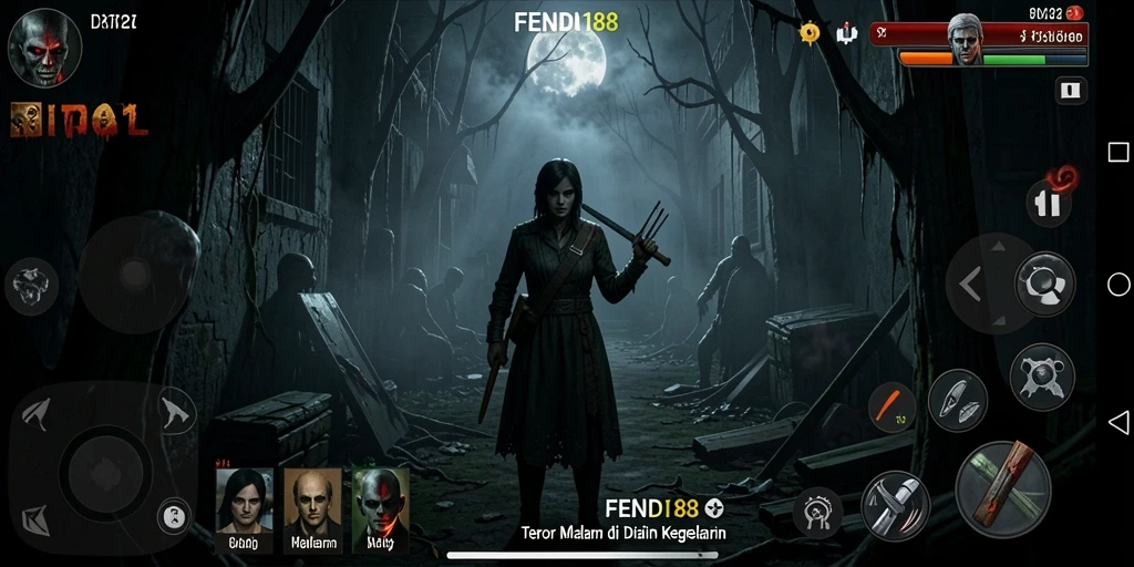 Tampilan gameplay intens FENDI188 di lingkungan horror yang menakutkan.